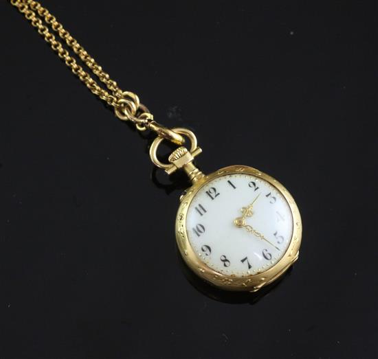 A late 19th century French gold fob watch and a French 18ct gold guard chain, chain 62in.